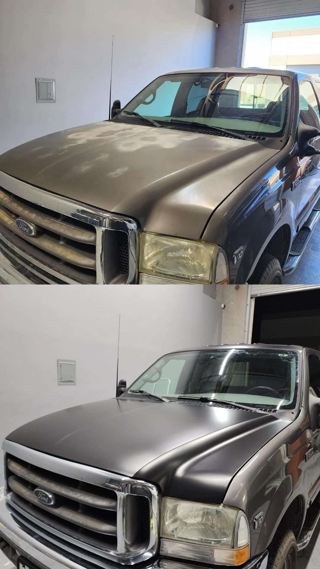 Ford truck hood paint correction before and after