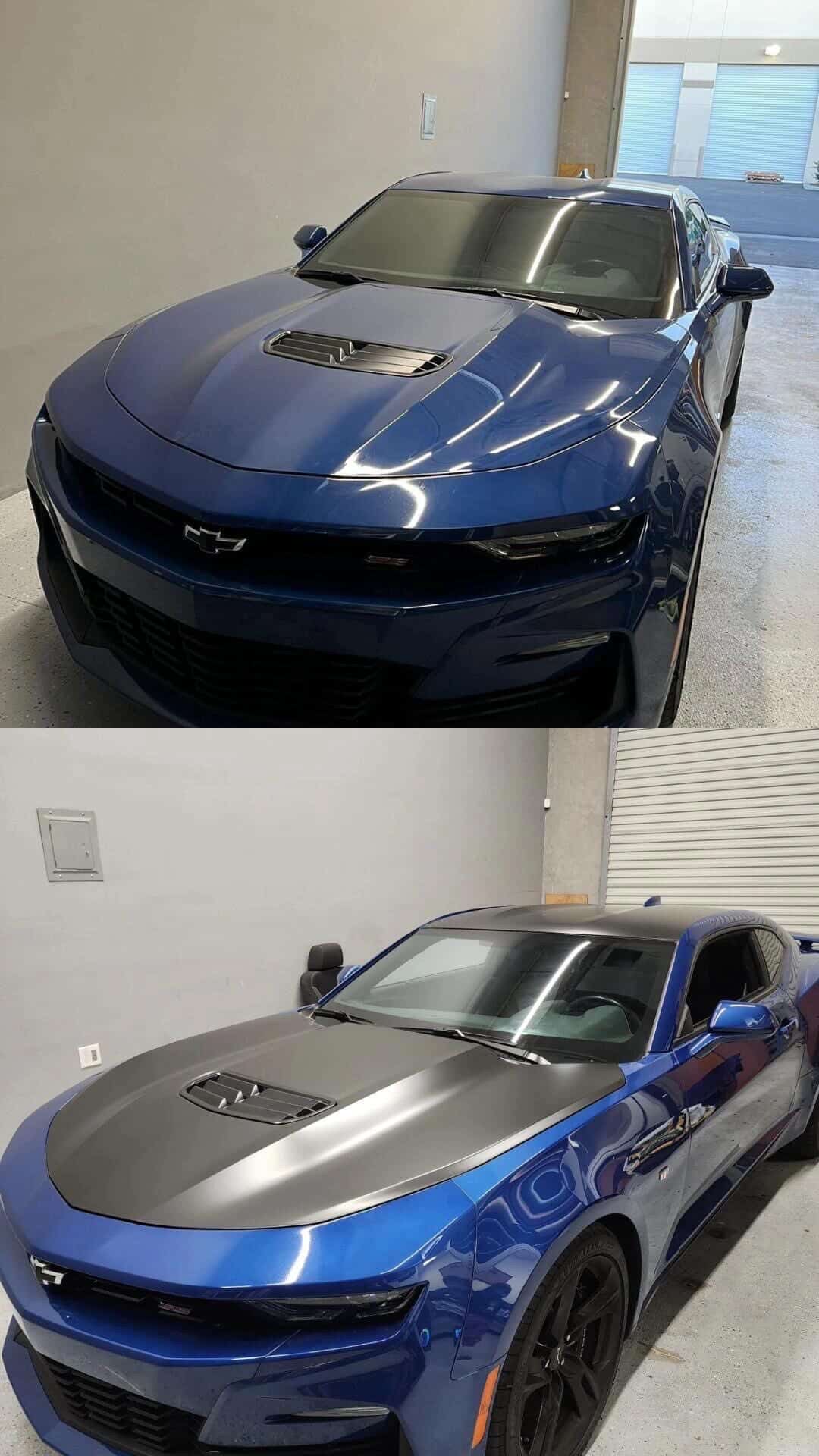 Blue Camaro SS with matte hood wrap before and after