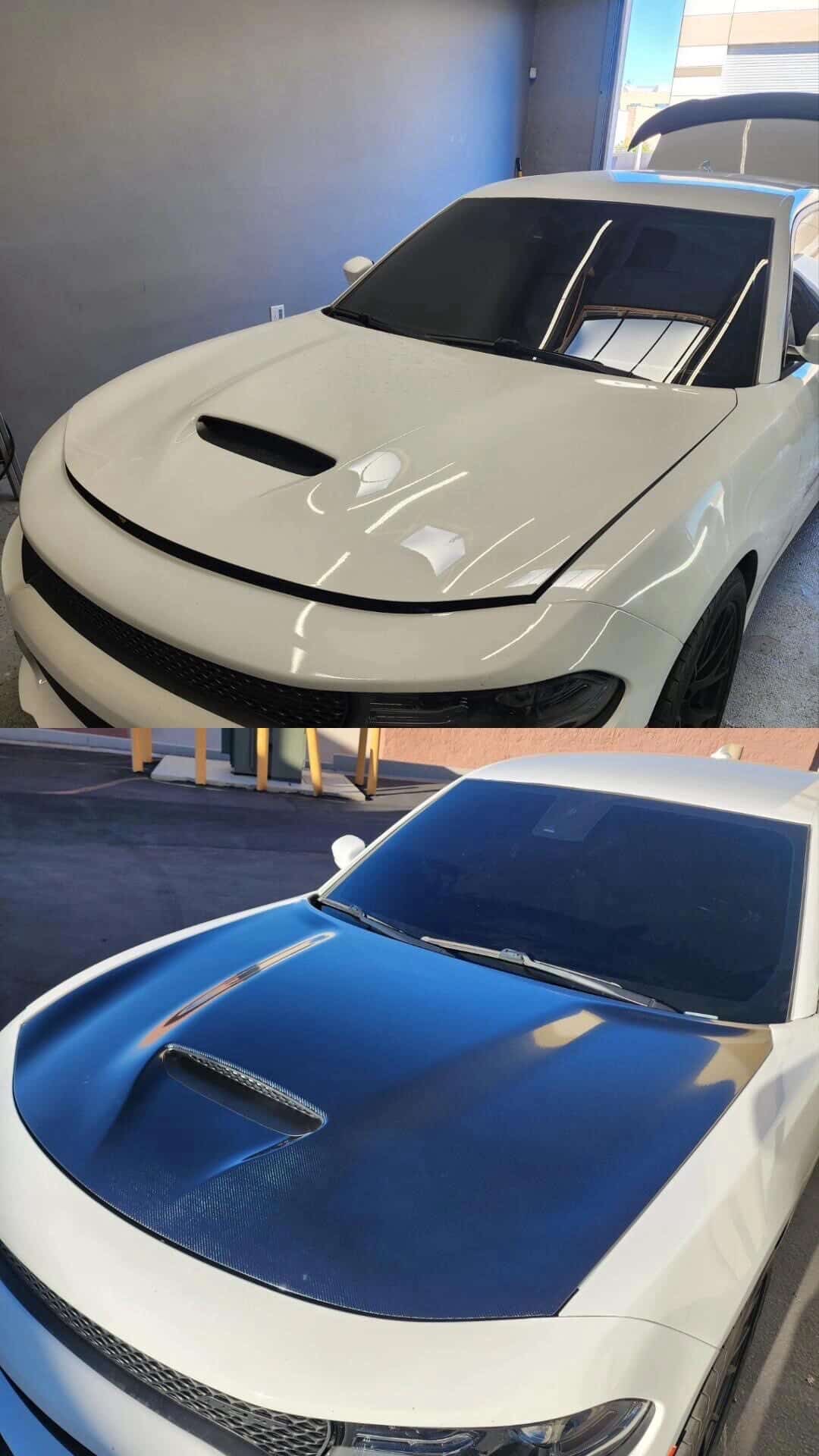 White Dodge Challenger with carbon fiber hood wrap before and after